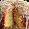 A moist coconut cream pound cake with a tender, buttery crumb, covered in creamy coconut glaze and generously sprinkled with shredded coconut for a rich, tropical finish.