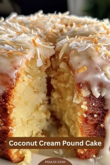 A moist coconut cream pound cake with a tender, buttery crumb, covered in creamy coconut glaze and generously sprinkled with shredded coconut for a rich, tropical finish.