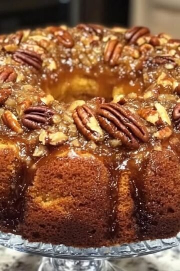 A rich, moist pecan Bundt cake coated in glossy caramel glaze and generously topped with toasted pecans, creating an irresistible buttery, crunchy finish.