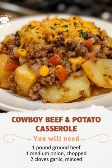 A hearty cowboy beef and potato casserole loaded with tender potatoes, seasoned ground beef, sweet corn, vegetables, and melted cheddar cheese, finished with fresh herbs for a comforting homestyle meal.