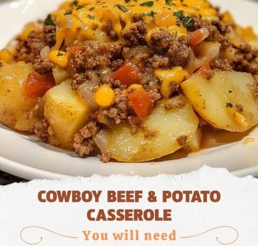 A hearty cowboy beef and potato casserole loaded with tender potatoes, seasoned ground beef, sweet corn, vegetables, and melted cheddar cheese, finished with fresh herbs for a comforting homestyle meal.