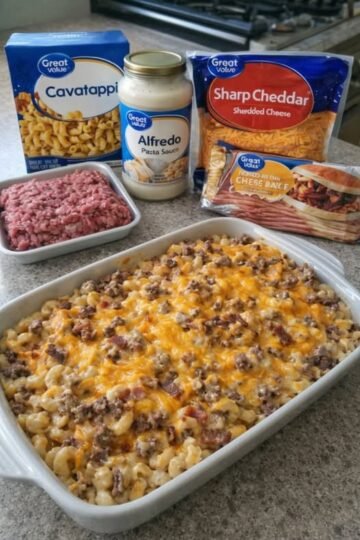 A creamy, cheesy beef and cavatappi pasta casserole made with Alfredo sauce, ground beef, sharp cheddar, and a rich, golden cheese topping, baked until bubbly and delicious