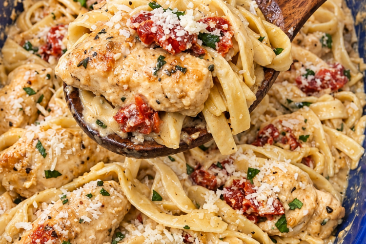 Tender chicken baked in a creamy sun-dried tomato sauce, tossed with pasta and plenty of Parmesan — all in one dish.