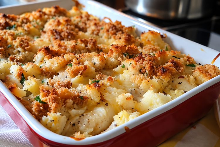 Moist, tender chicken under a golden, buttery stuffing crust in a creamy onion-soup sauce — one dish, pantry staples