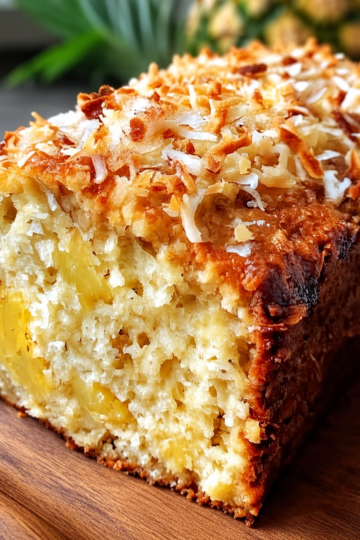 Soft banana bread with sweet pineapple pockets, chewy coconut, and a toasted golden top — sunshine in bread form.