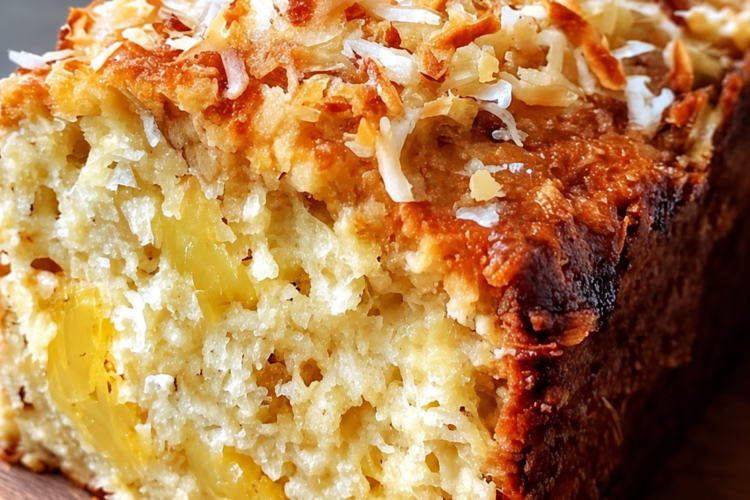 Soft banana bread with sweet pineapple pockets, chewy coconut, and a toasted golden top — sunshine in bread form.