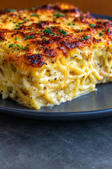 Cream cheese melted straight into al dente pasta with sour cream, mozzarella, and Parmesan, baked until the top is bubbling and golden. One pot, one dish, forty minutes, about $1.60 a serving.