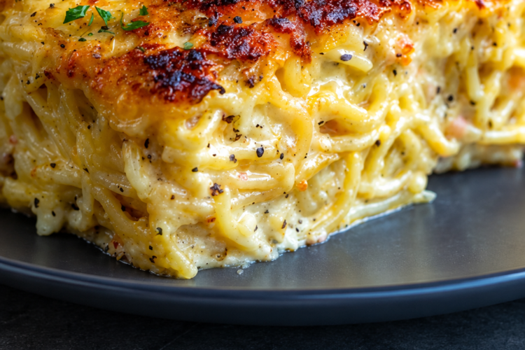 Cream cheese melted straight into al dente pasta with sour cream, mozzarella, and Parmesan, baked until the top is bubbling and golden. One pot, one dish, forty minutes, about $1.60 a serving.