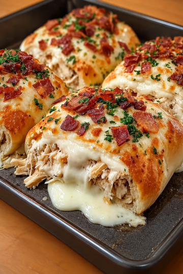 Stuffed breadstick bombs made from leftover rotisserie chicken, creamy Alfredo, and melted mozzarella, topped with garlic butter and crumbled bacon. Bakes golden in one 9x13 dish and freezes unbaked for later.