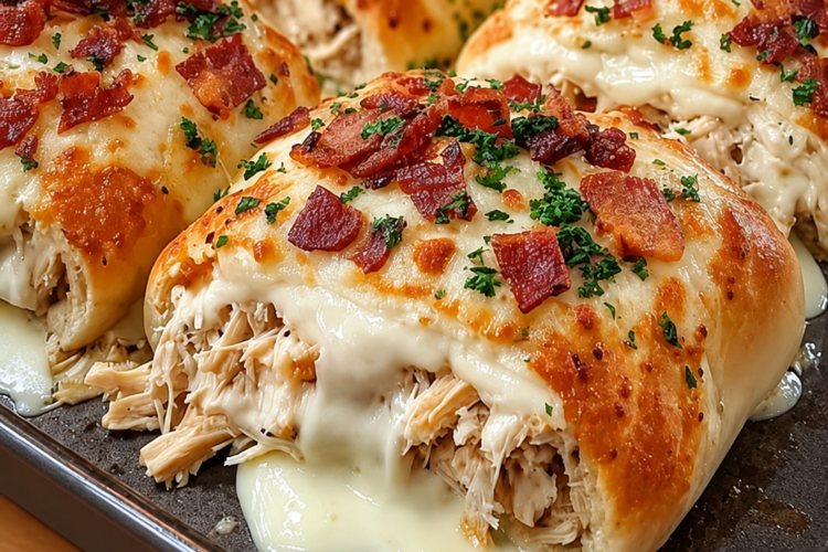 Stuffed breadstick bombs made from leftover rotisserie chicken, creamy Alfredo, and melted mozzarella, topped with garlic butter and crumbled bacon. Bakes golden in one 9x13 dish and freezes unbaked for later.