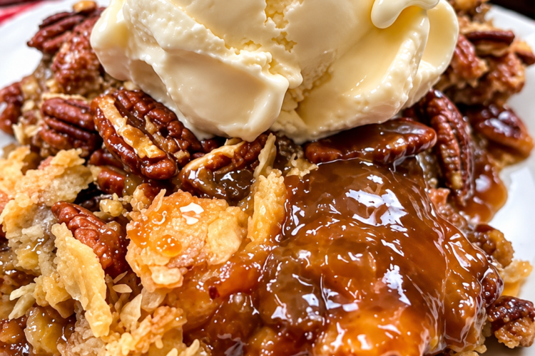 A buttery golden cake layer over melted butter and pecans, with a glossy brown sugar caramel sauce in the bottom of the dish. Eight ingredients, one pan, no frosting, and it feeds twelve for about 54 cents a scoop.