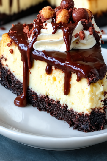 Fudgy brownie base, a silky vanilla cheesecake middle, and glossy hot fudge poured on at the last second. One 9-inch springform pan, twelve generous slices, and roughly four hours of mostly waiting.