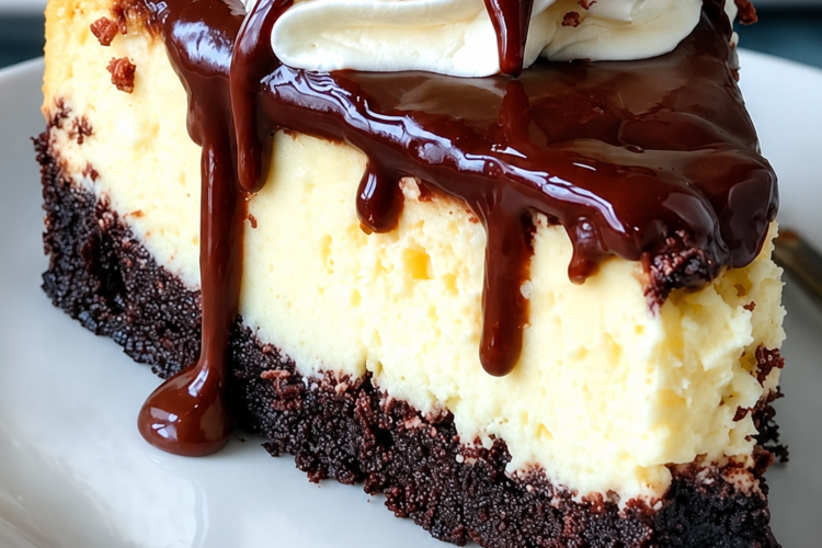 Fudgy brownie base, a silky vanilla cheesecake middle, and glossy hot fudge poured on at the last second. One 9-inch springform pan, twelve generous slices, and roughly four hours of mostly waiting.