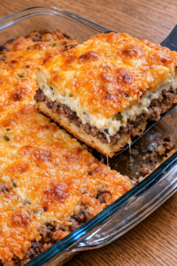 Biscuit crust, seasoned ground beef, sour cream, and cheddar since 1979