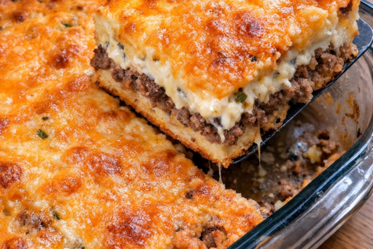 Biscuit crust, seasoned ground beef, sour cream, and cheddar since 1979