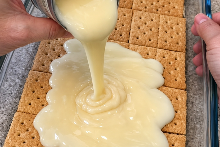 Whole graham cracker sheets, butter, and chocolate under a golden canopy of sweetened condensed milk — four ingredients, toasty and candy-like.