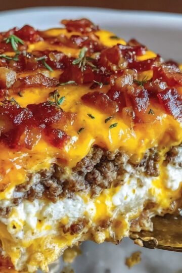 A close-up slice of bacon cheeseburger sheet pan lasagna layered with seasoned ground beef, creamy ricotta, melted cheddar cheese, and topped with crispy chopped bacon and fresh herbs.