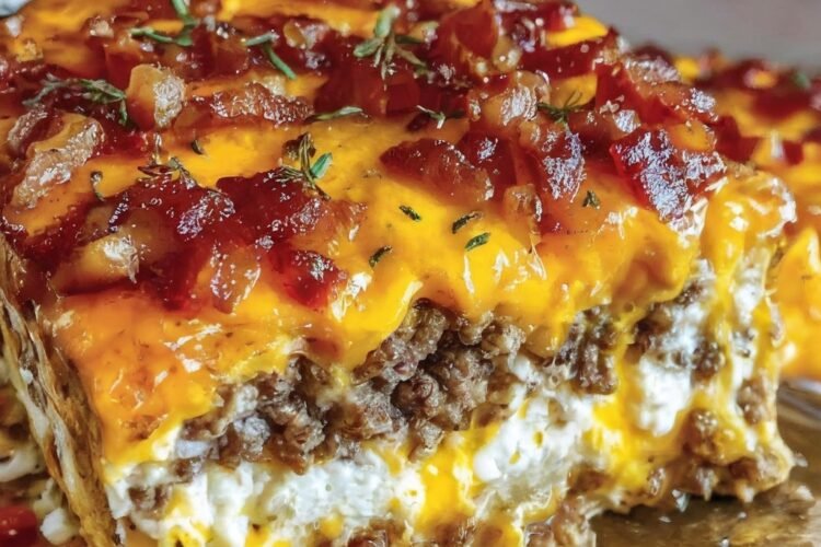 A close-up slice of bacon cheeseburger sheet pan lasagna layered with seasoned ground beef, creamy ricotta, melted cheddar cheese, and topped with crispy chopped bacon and fresh herbs.
