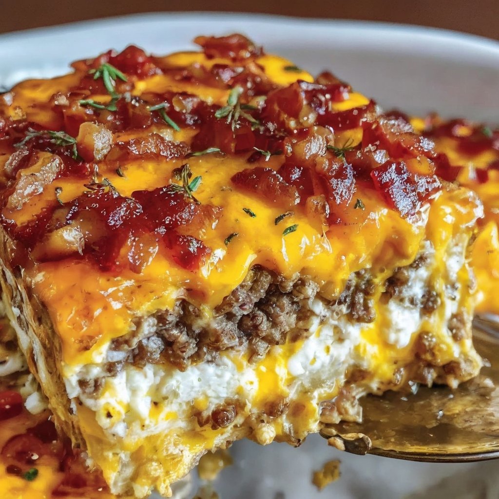A close-up slice of bacon cheeseburger sheet pan lasagna layered with seasoned ground beef, creamy ricotta, melted cheddar cheese, and topped with crispy chopped bacon and fresh herbs.