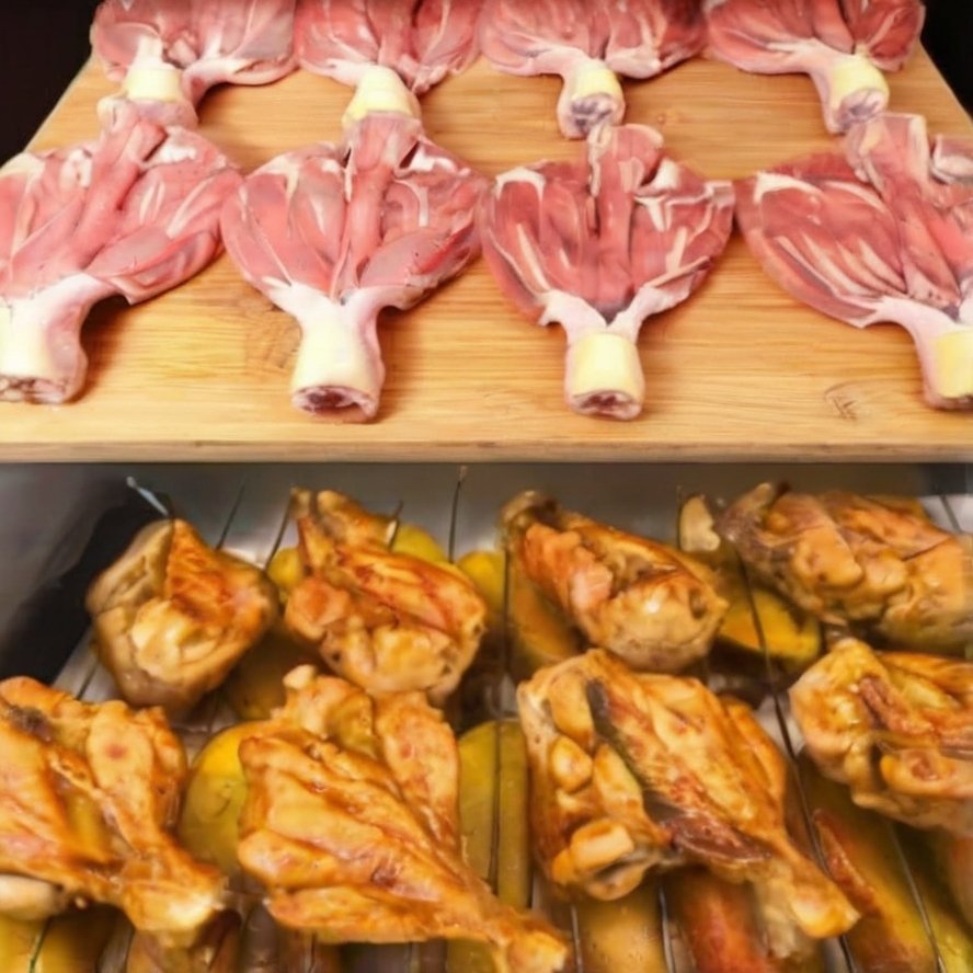 Golden roasted butterflied chicken drumsticks arranged over tender potato wedges in a baking pan, with crispy caramelized edges and a savory seasoned coating.