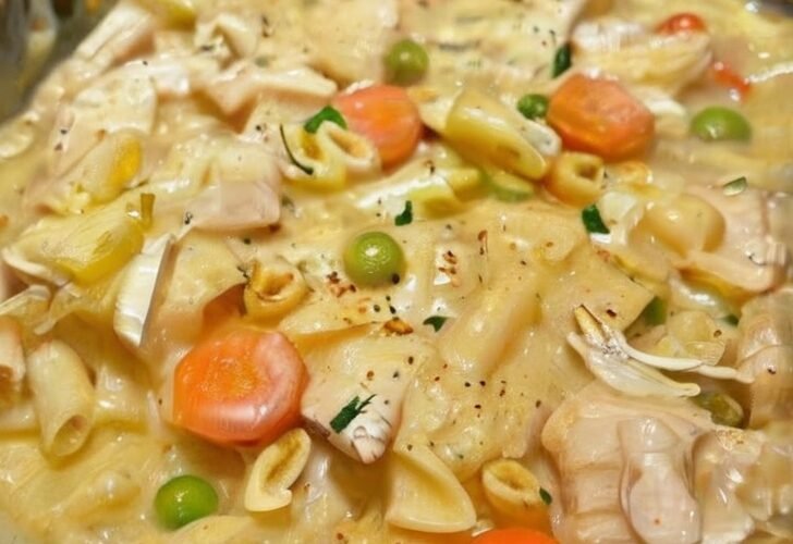 Creamy chicken pot pie noodle skillet filled with tender chicken, egg noodles, bright carrots and green peas in a rich, savory cream sauce, garnished with fresh herbs and black pepper.
