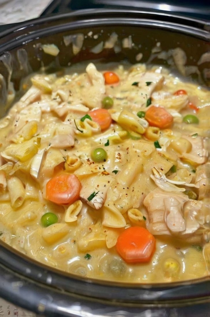 Creamy chicken pot pie noodle skillet filled with tender chicken, egg noodles, bright carrots and green peas in a rich, savory cream sauce, garnished with fresh herbs and black pepper.