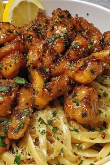 Juicy garlic-butter shrimp served over creamy pasta, glazed with a rich golden sauce, garnished with fresh parsley and lemon wedges.