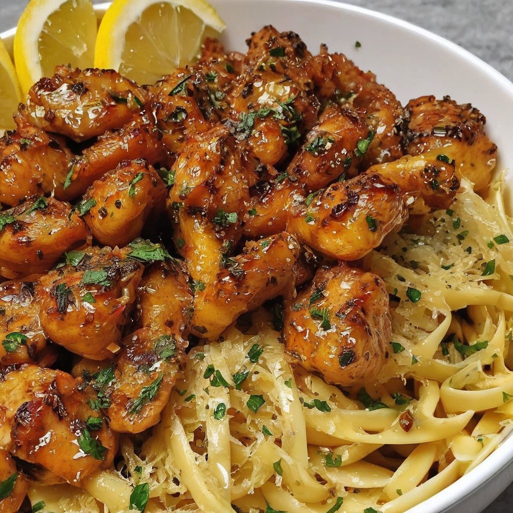 Juicy garlic-butter shrimp served over creamy pasta, glazed with a rich golden sauce, garnished with fresh parsley and lemon wedges.