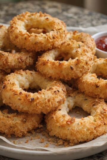 Golden-brown crispy onion rings coated in crunchy breadcrumbs, filled with gooey melted mozzarella, and served with marinara dipping sauce.