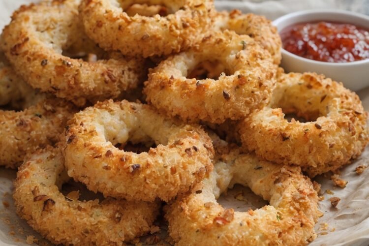 Golden-brown crispy onion rings coated in crunchy breadcrumbs, filled with gooey melted mozzarella, and served with marinara dipping sauce.