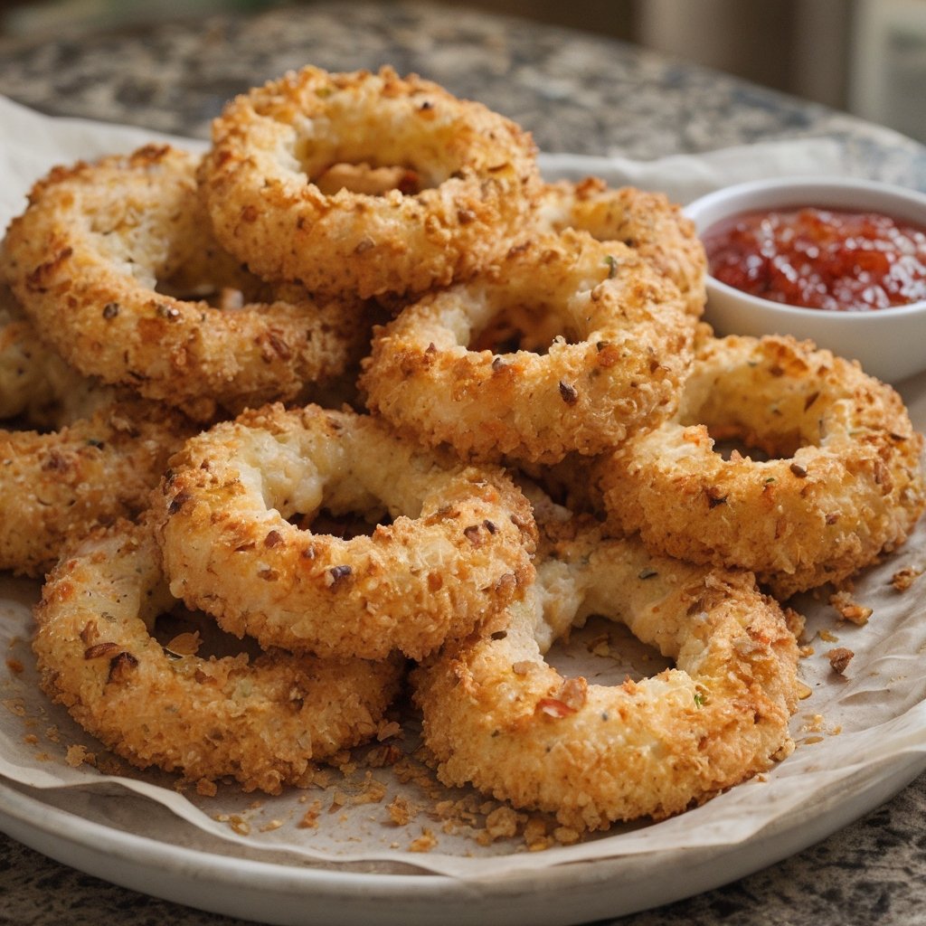 Golden-brown crispy onion rings coated in crunchy breadcrumbs, filled with gooey melted mozzarella, and served with marinara dipping sauce.
