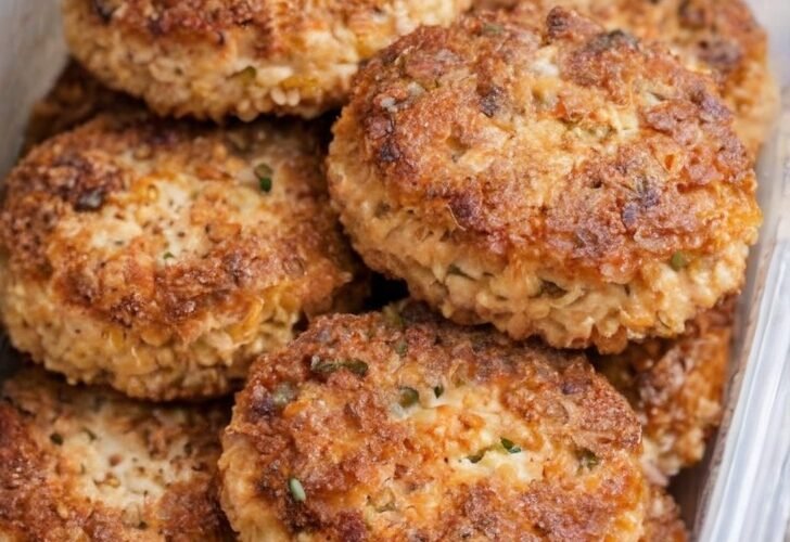 A container filled with crispy golden-brown salmon patties, featuring a savory flaky salmon interior, lightly browned crust, and small flecks of herbs throughout.