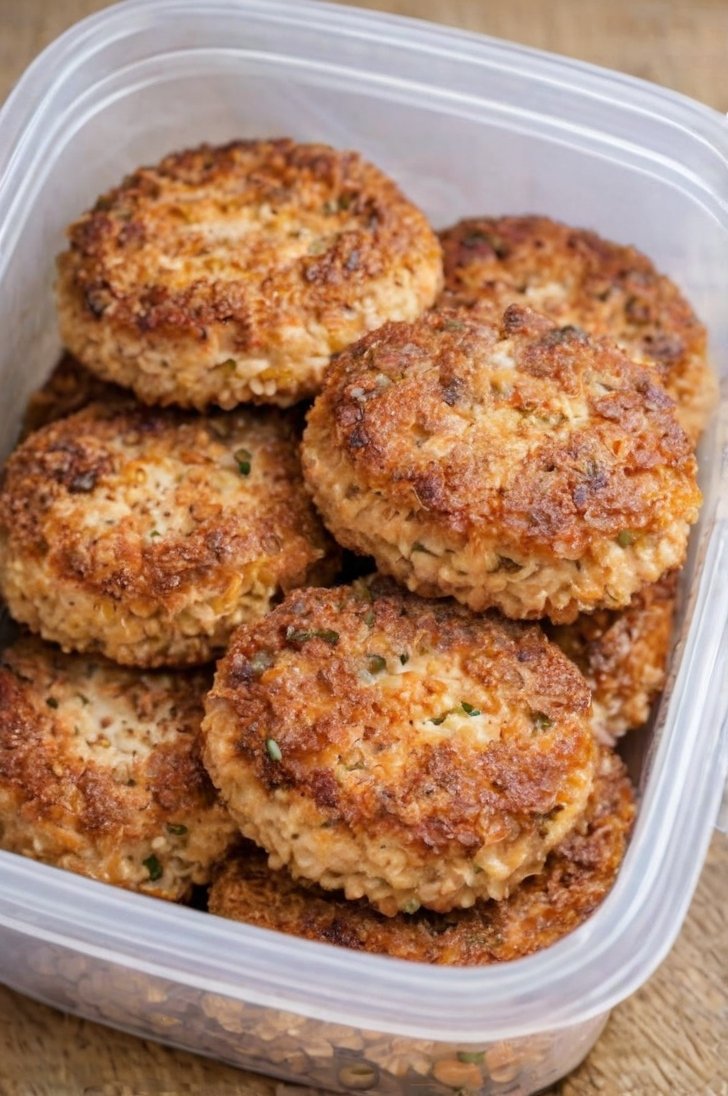 A container filled with crispy golden-brown salmon patties, featuring a savory flaky salmon interior, lightly browned crust, and small flecks of herbs throughout.