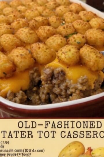 A hearty old-fashioned tater tot casserole in a red-and-white baking dish, topped with crispy golden tater tots and melted cheddar cheese over a creamy seasoned ground beef and onion filling.