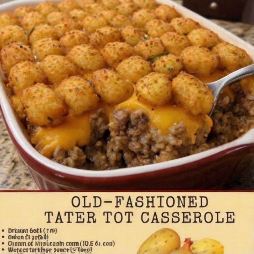A hearty old-fashioned tater tot casserole in a red-and-white baking dish, topped with crispy golden tater tots and melted cheddar cheese over a creamy seasoned ground beef and onion filling.