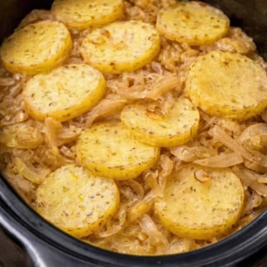 A rustic slow cooker potato and onion bake with tender golden potato slices layered over sweet caramelized onions, lightly coated in melted butter and seasoning, served hot in a black slow cooker.