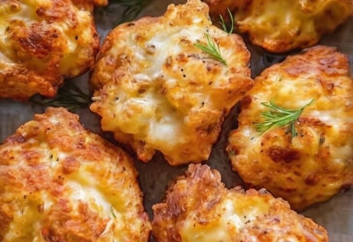 Golden-brown cheesy chicken fritters with crisp, irregular edges and melted mozzarella inside, garnished with fresh dill and served on parchment paper.