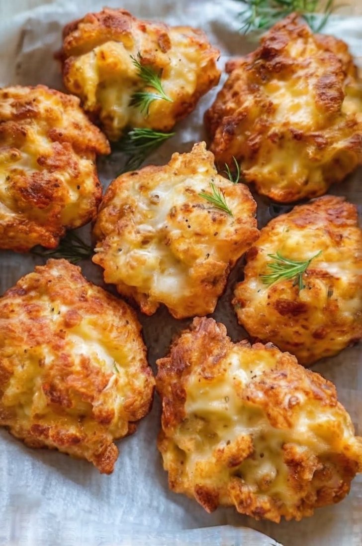 Golden-brown cheesy chicken fritters with crisp, irregular edges and melted mozzarella inside, garnished with fresh dill and served on parchment paper.