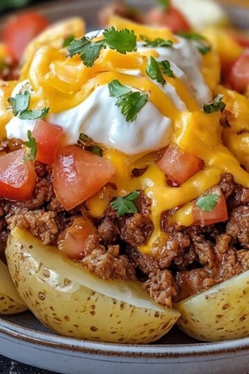 Crispy baked potatoes loaded with seasoned ground beef, melted cheddar cheese, creamy sour cream, diced tomatoes, and fresh cilantro