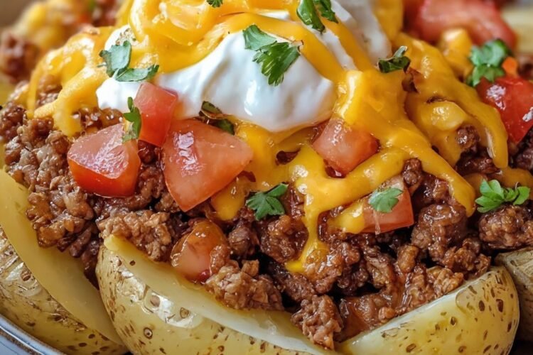 Crispy baked potatoes loaded with seasoned ground beef, melted cheddar cheese, creamy sour cream, diced tomatoes, and fresh cilantro