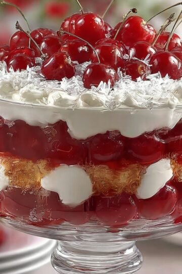 A layered cherry trifle in a clear glass dish, featuring juicy red cherries, fluffy whipped cream, and golden cake pieces, topped with whole cherries and cream.