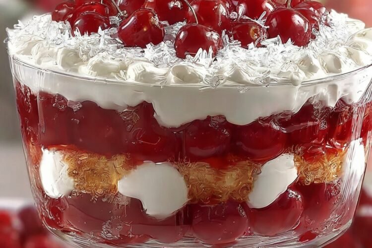 A layered cherry trifle in a clear glass dish, featuring juicy red cherries, fluffy whipped cream, and golden cake pieces, topped with whole cherries and cream.
