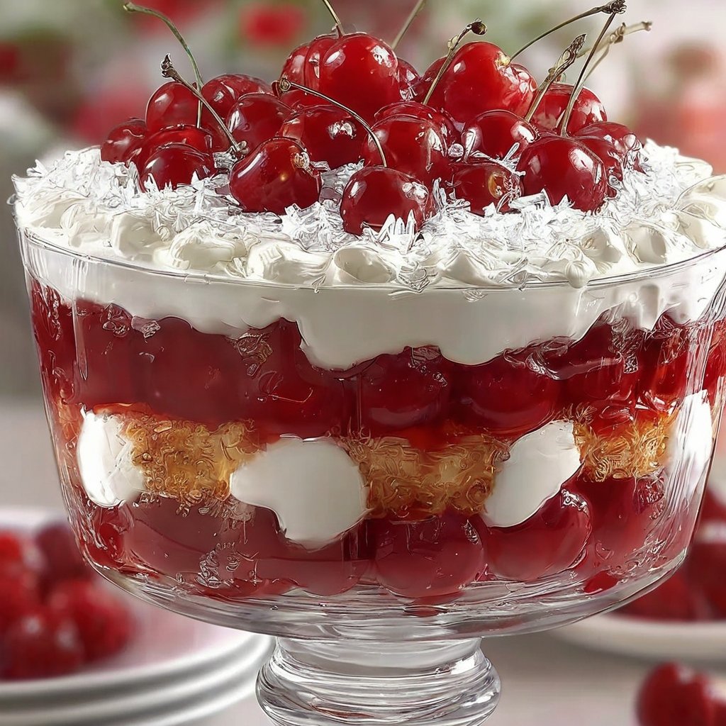 A layered cherry trifle in a clear glass dish, featuring juicy red cherries, fluffy whipped cream, and golden cake pieces, topped with whole cherries and cream.