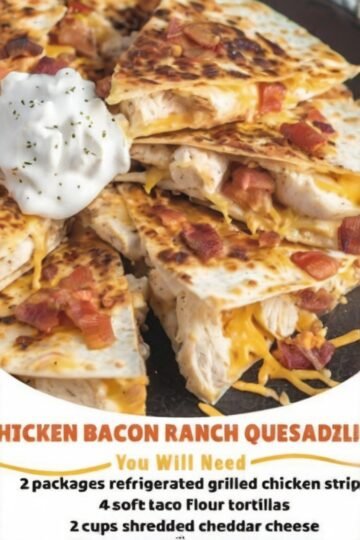 A stack of golden, crispy chicken bacon ranch quesadillas filled with tender chicken, melted cheddar cheese, and crispy bacon, served with a dollop of sour cream for dipping.