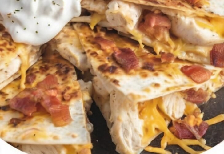 A stack of golden, crispy chicken bacon ranch quesadillas filled with tender chicken, melted cheddar cheese, and crispy bacon, served with a dollop of sour cream for dipping.