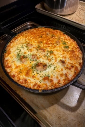 A bubbling baked cream cheese spaghetti casserole topped with golden, melted mozzarella and Parmesan, sprinkled with fresh parsley and baked until beautifully browned around the edges.