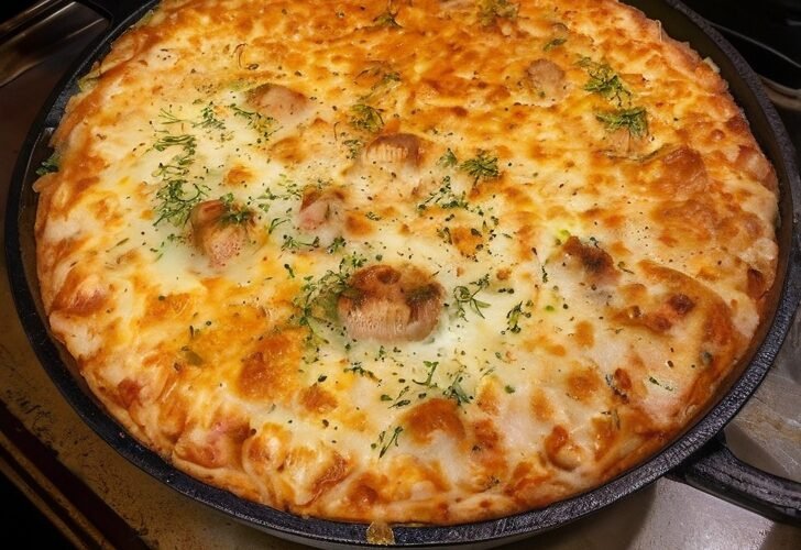 A bubbling baked cream cheese spaghetti casserole topped with golden, melted mozzarella and Parmesan, sprinkled with fresh parsley and baked until beautifully browned around the edges.