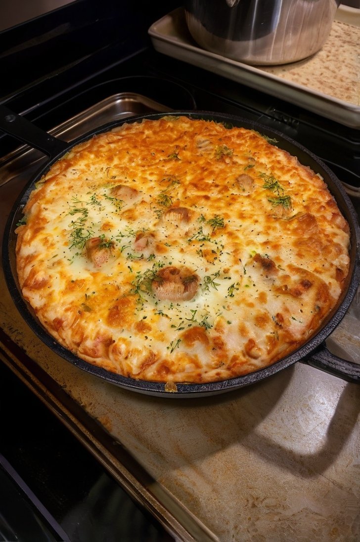A bubbling baked cream cheese spaghetti casserole topped with golden, melted mozzarella and Parmesan, sprinkled with fresh parsley and baked until beautifully browned around the edges.