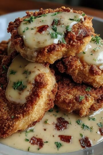 Golden-brown country-fried pork chops topped with crispy bacon and creamy peppered gravy, garnished with fresh parsley and served warm on a wooden board.