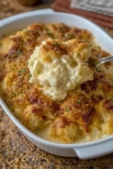 Creamy cheesy chicken casserole topped with a golden, crispy layer of crushed buttery crackers and fresh herbs, served hot in a white baking dish.